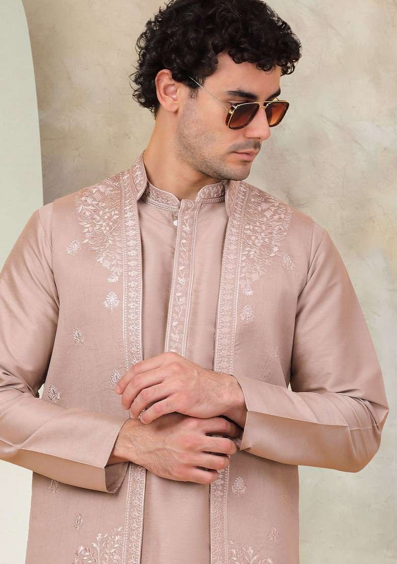 Bronze Brown Embroidered Poly Blend Kurta Set For Men - Indya