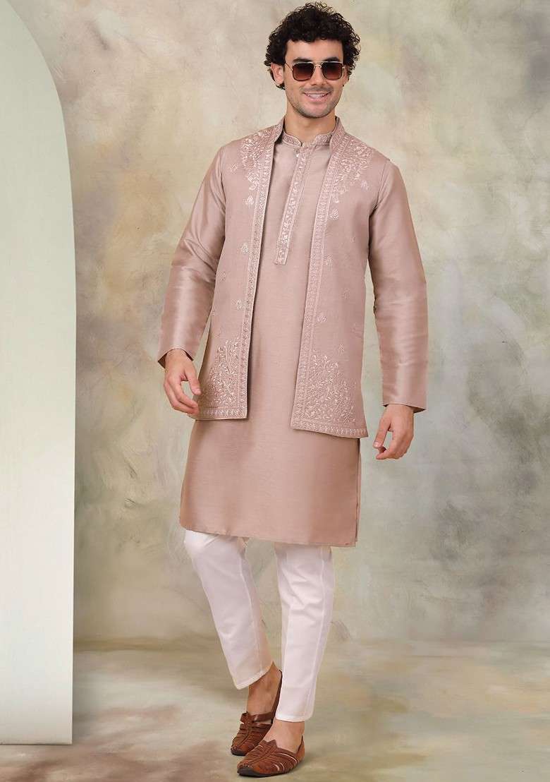 Bronze Brown Embroidered Poly Blend Kurta Set For Men - Indya