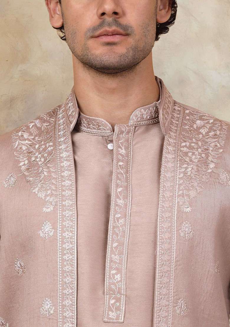Bronze Brown Embroidered Poly Blend Kurta Set For Men - Indya