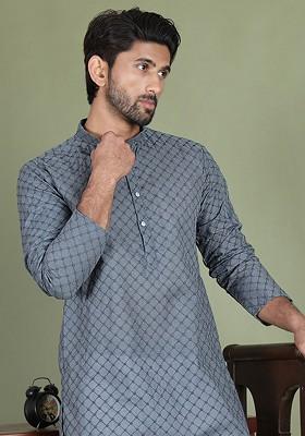 Grey Embroidered Poly Blend Kurta Set For Men