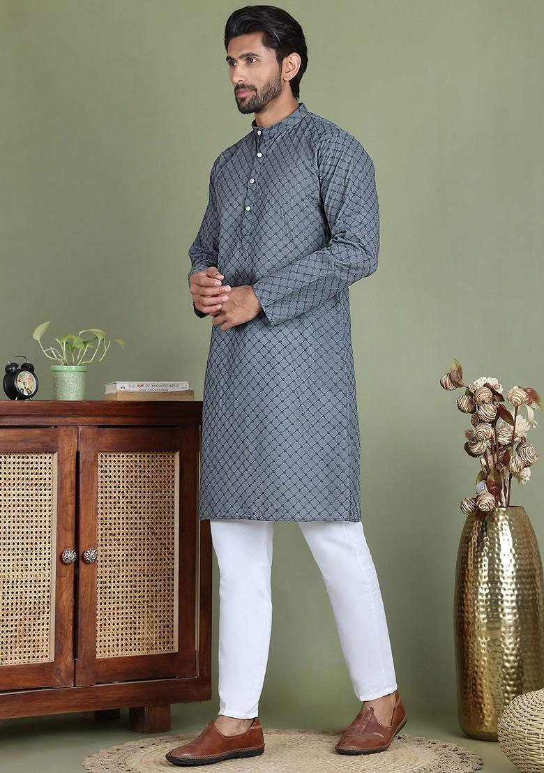 Grey Embroidered Poly Blend Kurta Set For Men