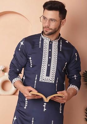 Navy Blue Embroidered Poly Blend Kurta Set For Men