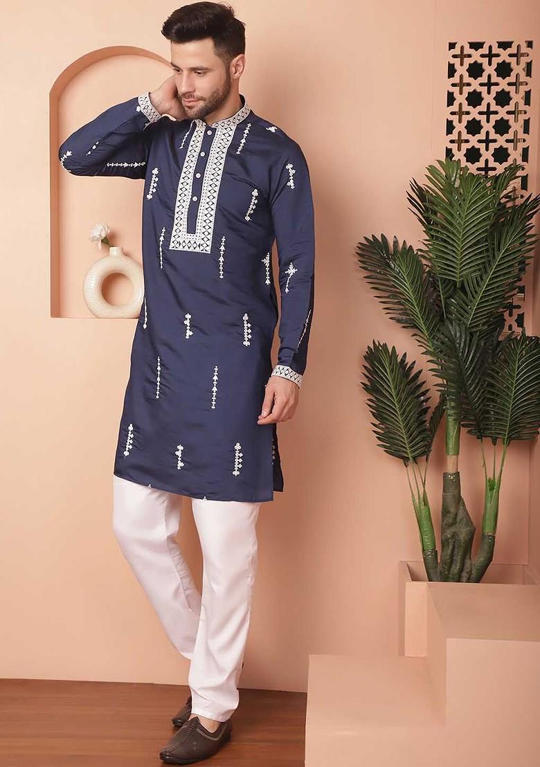 Navy Blue Embroidered Poly Blend Kurta Set For Men