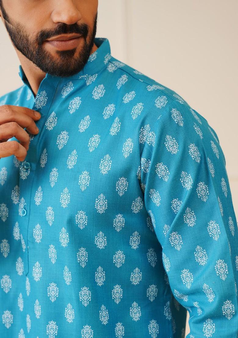 Teal Blue Printed Poly Blend Kurta Set For Men