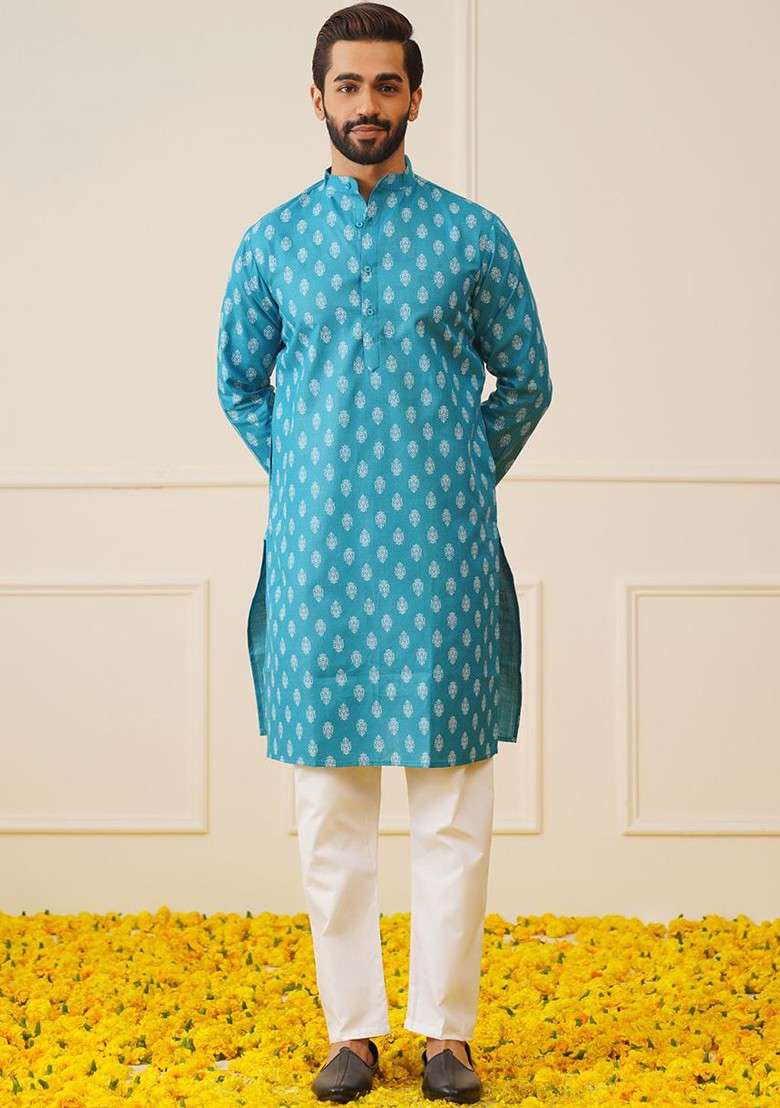 Teal Blue Printed Poly Blend Kurta Set For Men - Indya