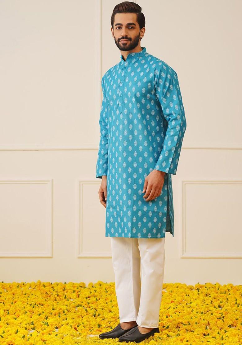 Teal Blue Printed Poly Blend Kurta Set For Men