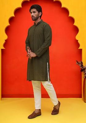 Olive Embroidered Poly Blend Kurta Set For Men