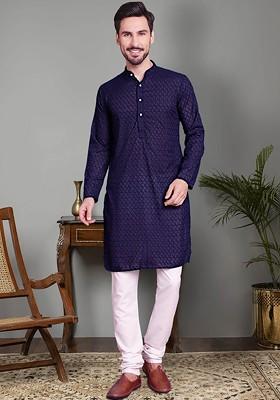 Navy Blue Embroidered Poly Blend Kurta Set For Men
