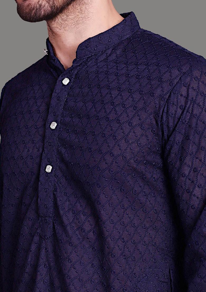 Navy Blue Embroidered Poly Blend Kurta Set For Men