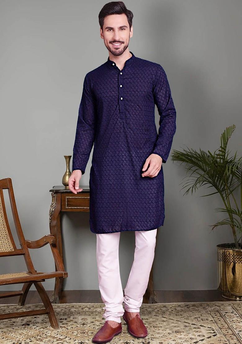 Navy Blue Embroidered Poly Blend Kurta Set For Men