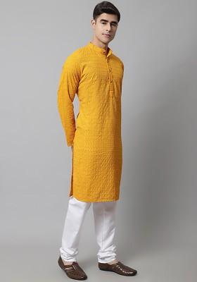 Mustard Yellow Embroidered Poly Blend Kurta Set For Men