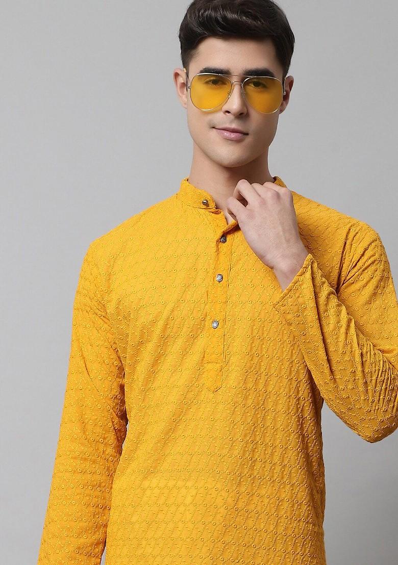 Mustard Yellow Embroidered Poly Blend Kurta Set For Men