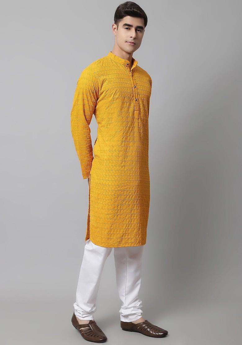 Mustard Yellow Embroidered Poly Blend Kurta Set For Men