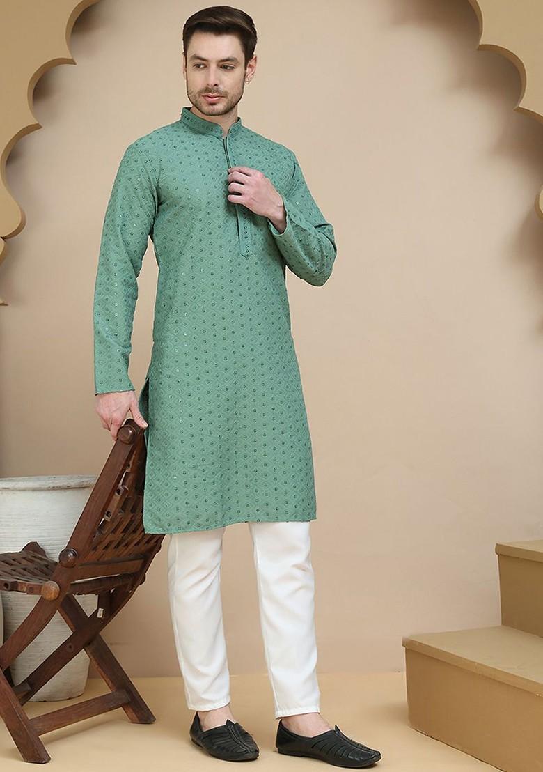 Green Embroidered Poly Blend Kurta Set For Men