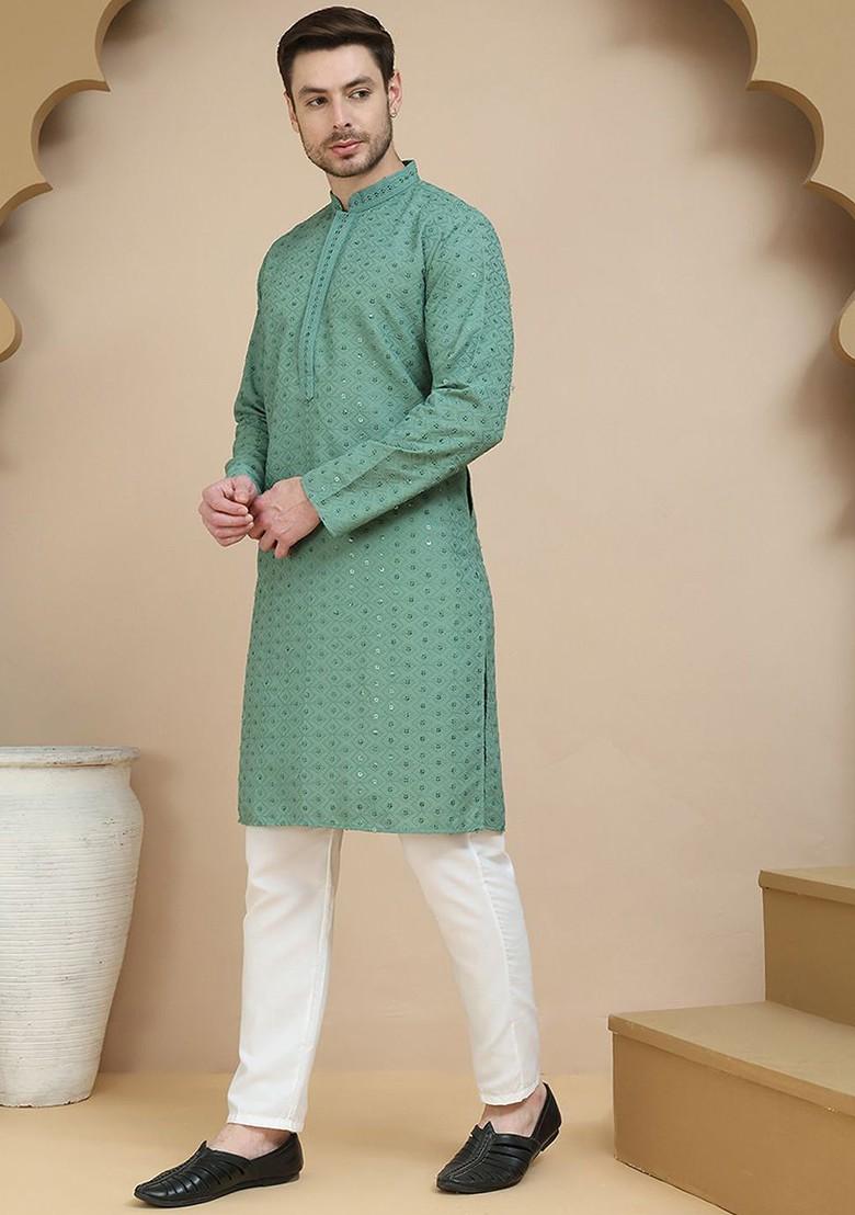 Green Embroidered Poly Blend Kurta Set For Men