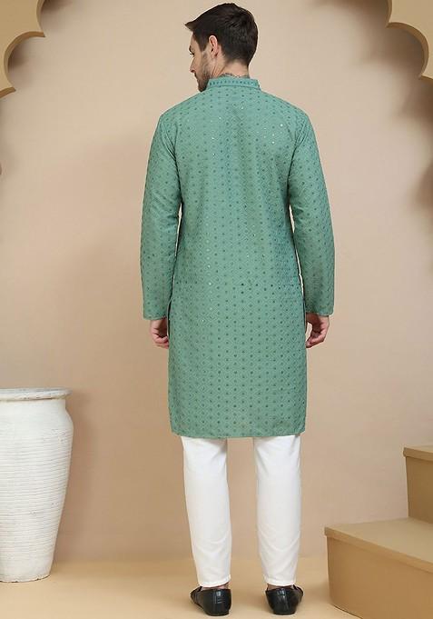 Green Embroidered Poly Blend Kurta Set For Men