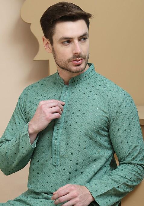 Green Embroidered Poly Blend Kurta Set For Men
