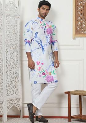 White Printed Poly Blend Kurta Set For Men