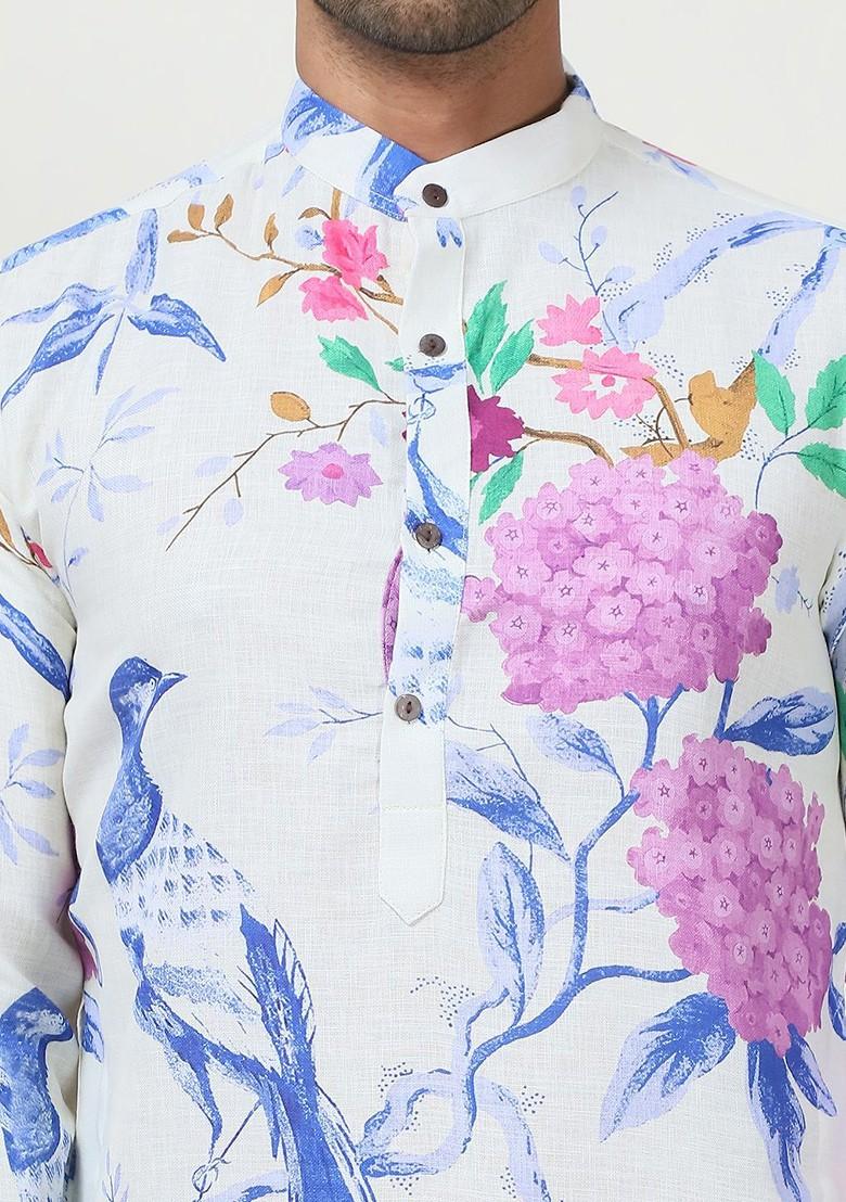 White Printed Poly Blend Kurta Set For Men