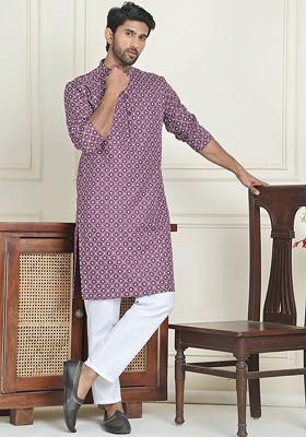 Purple Embroidered Poly Blend Kurta Set For Men