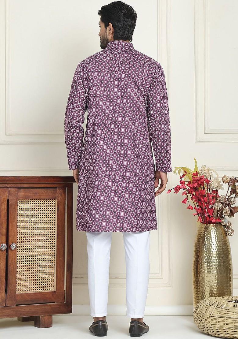 Purple Embroidered Poly Blend Kurta Set For Men