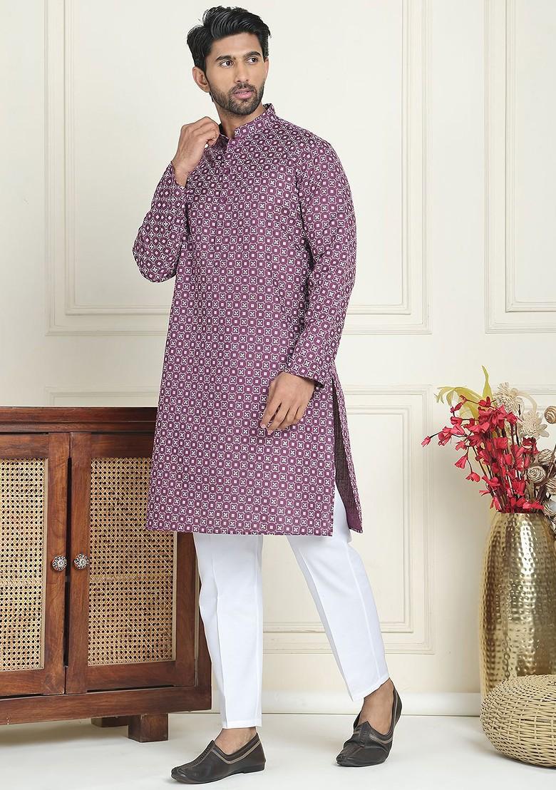 Purple Embroidered Poly Blend Kurta Set For Men