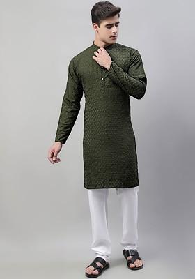 Olive Embroidered Poly Blend Kurta Set For Men