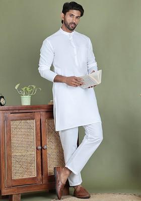 White Embroidered Poly Blend Kurta Set For Men