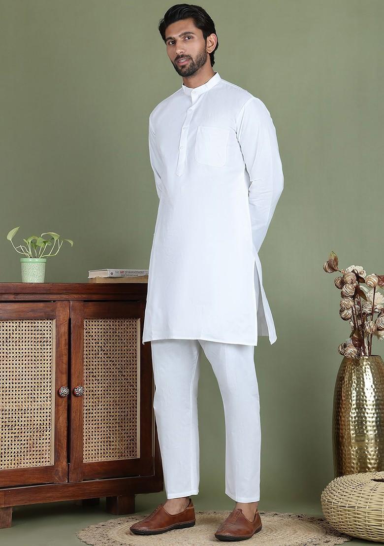 White Embroidered Poly Blend Kurta Set For Men