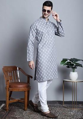 Grey Printed Poly Blend Kurta Set For Men