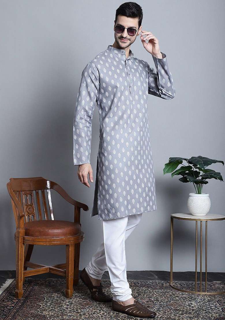 Grey Printed Poly Blend Kurta Set For Men - Indya