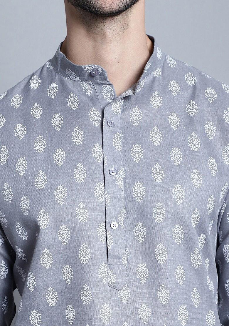 Grey Printed Poly Blend Kurta Set For Men
