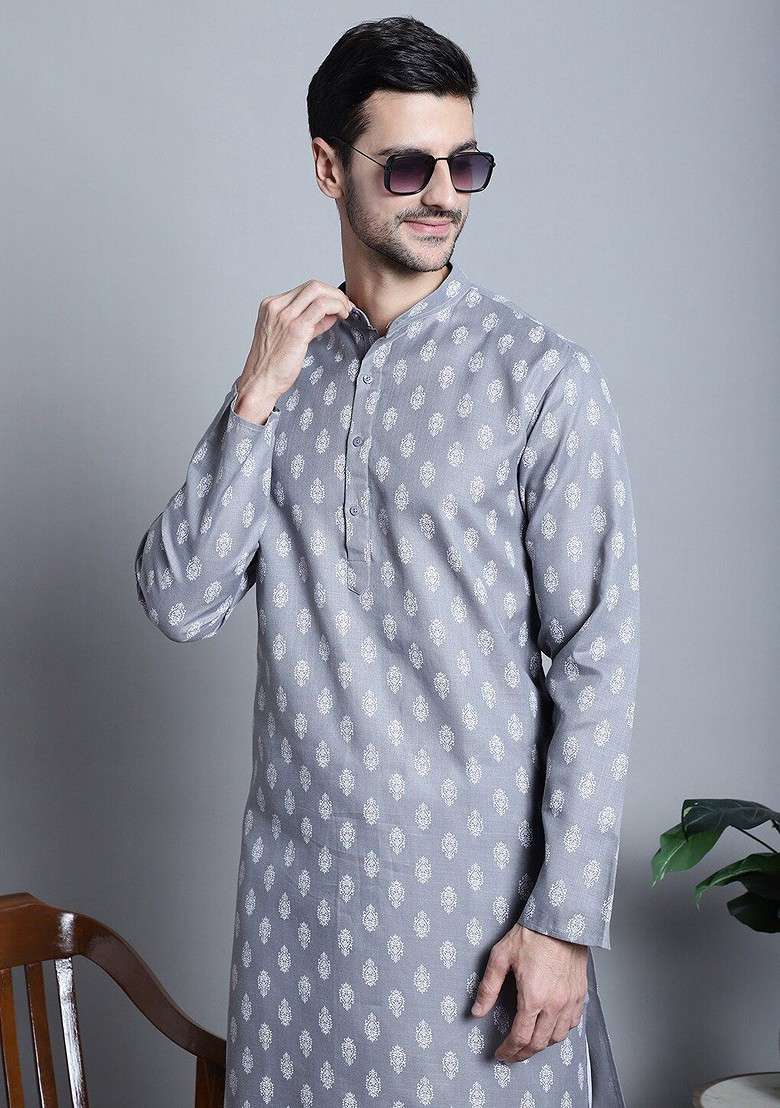 Grey Printed Poly Blend Kurta Set For Men - Indya