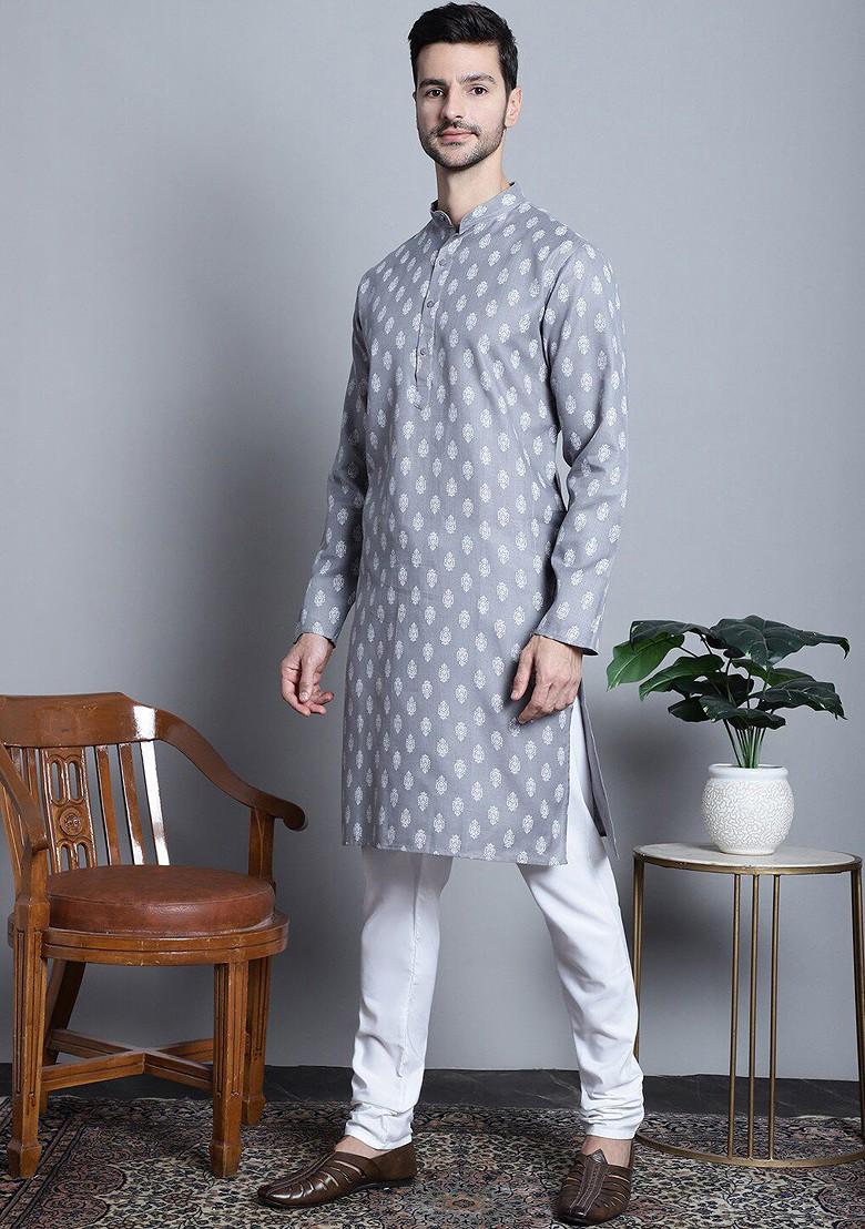 Grey Printed Poly Blend Kurta Set For Men