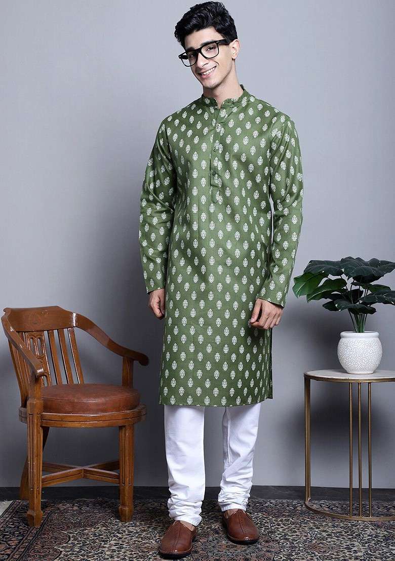 Olive Printed Poly Blend Kurta Set For Men - Indya