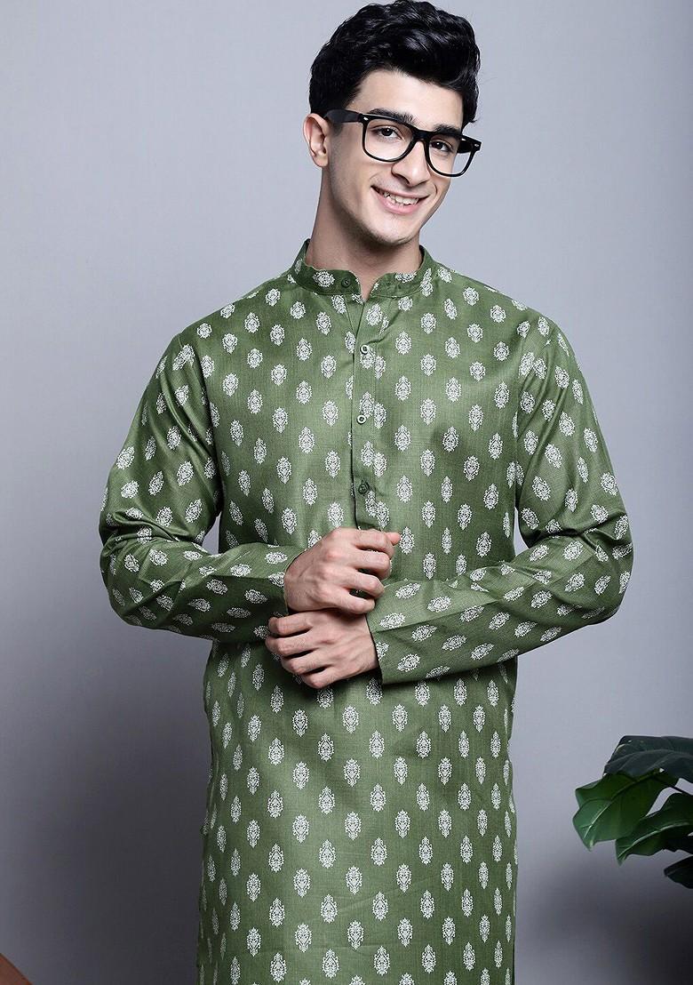 Olive Printed Poly Blend Kurta Set For Men