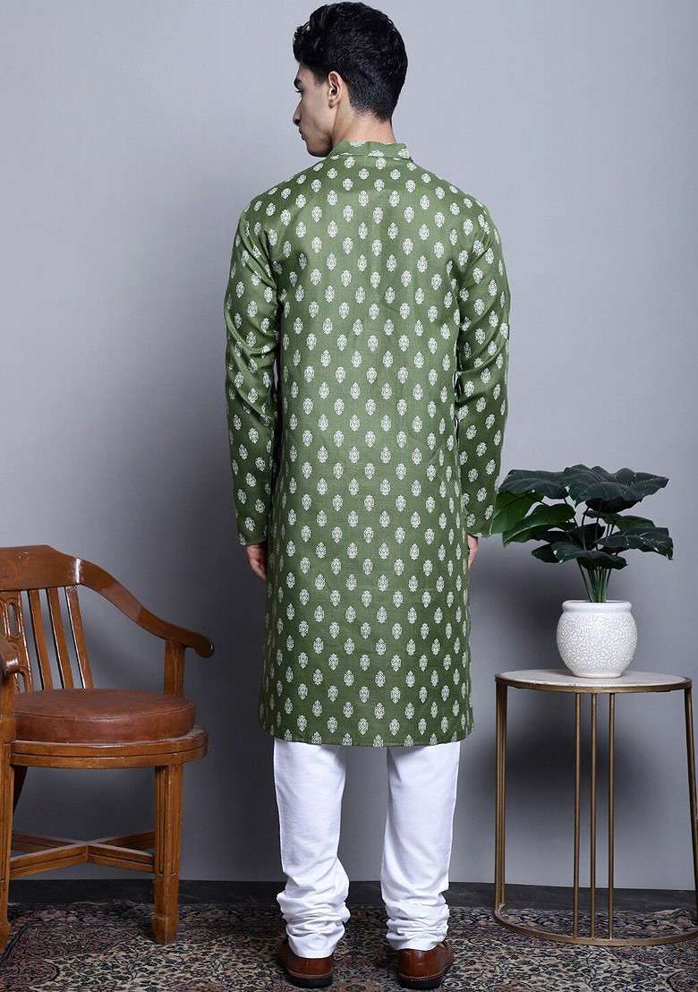 Olive Printed Poly Blend Kurta Set For Men - Indya