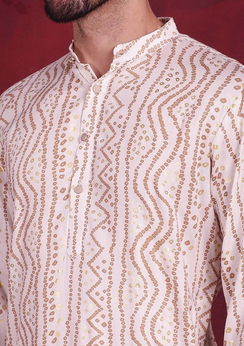 White Printed Poly Blend Kurta Set For Men