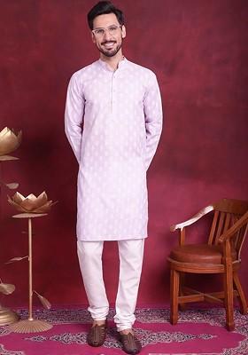 Purple Printed Poly Blend Kurta Set For Men