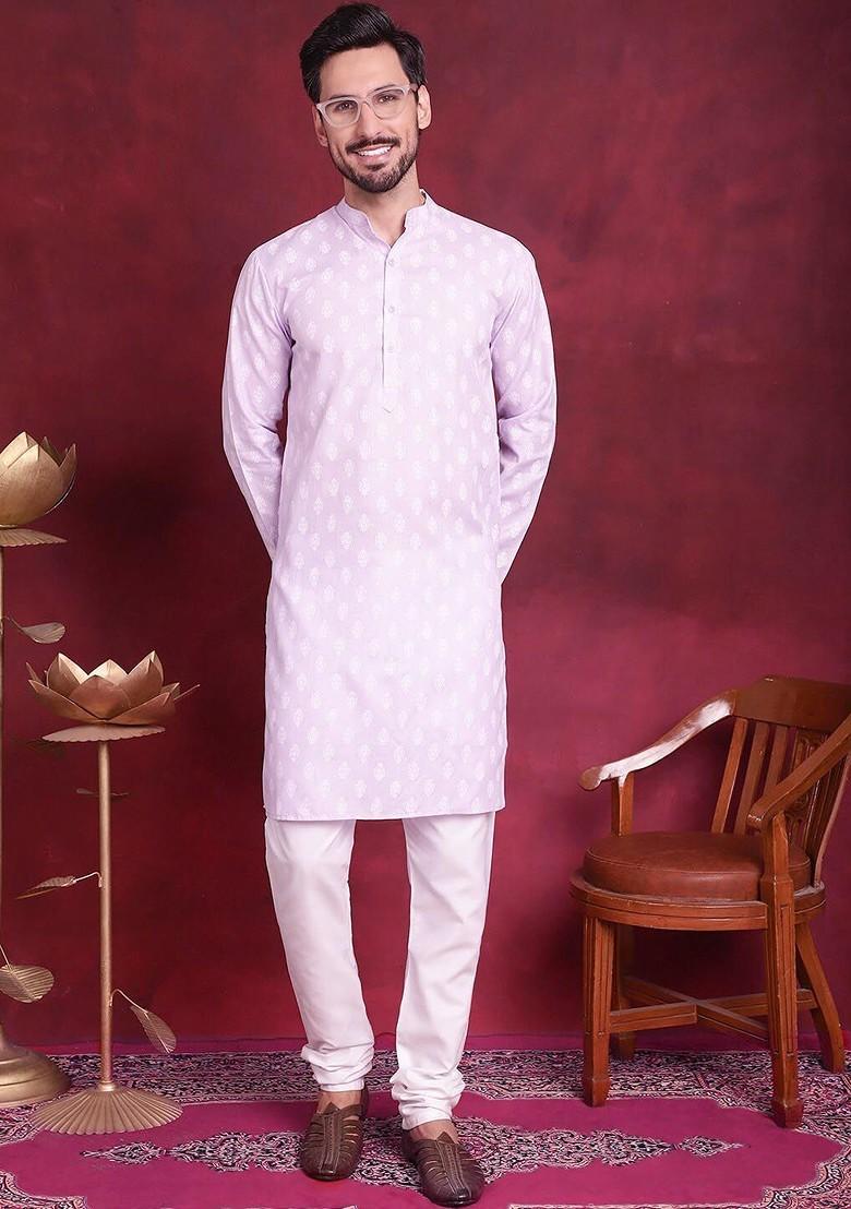 Purple Printed Poly Blend Kurta Set For Men