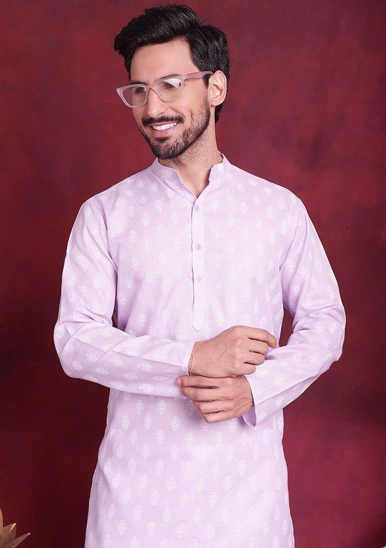 Purple Printed Poly Blend Kurta Set For Men - Indya