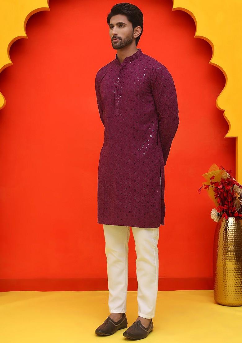 Purple Embroidered Poly Blend Kurta Set For Men