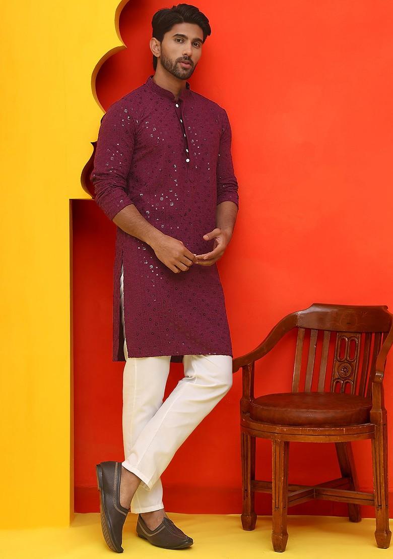 Purple Embroidered Poly Blend Kurta Set For Men