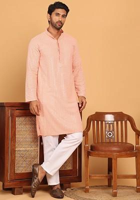 Peach Embroidered Poly Blend Kurta Set For Men