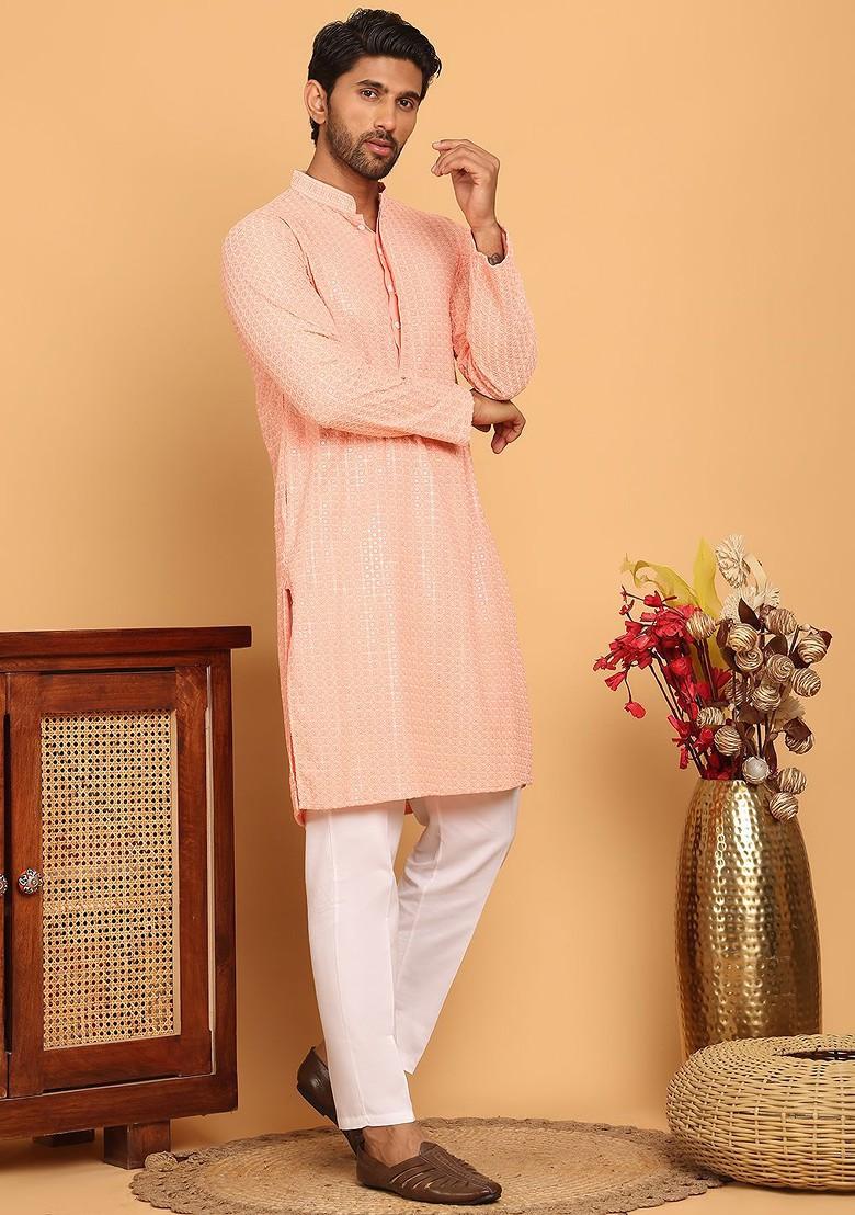 Peach Embroidered Poly Blend Kurta Set For Men