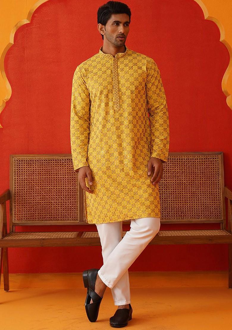 Mustard Yellow Embroidered Poly Blend Kurta Set For Men