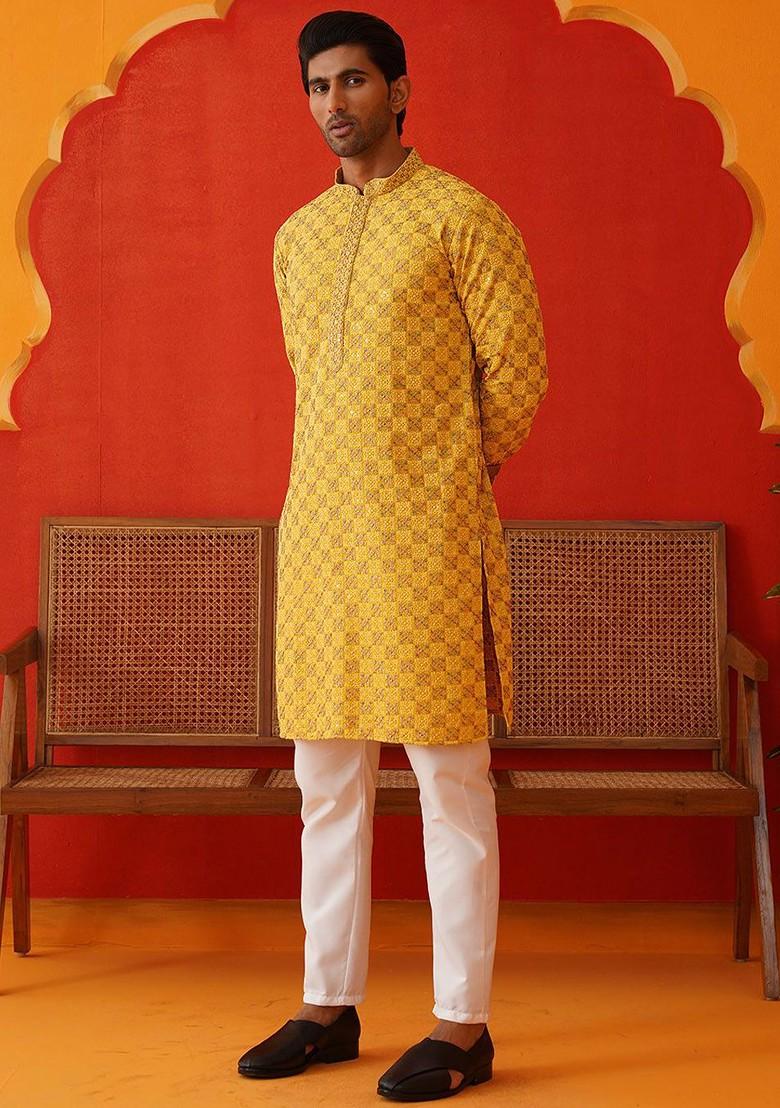 Mustard Yellow Embroidered Poly Blend Kurta Set For Men