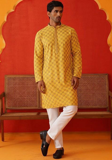 Mustard Yellow Embroidered Poly Blend Kurta Set For Men