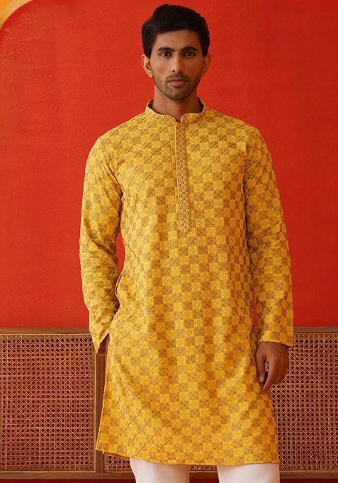 Mustard Yellow Embroidered Poly Blend Kurta Set For Men