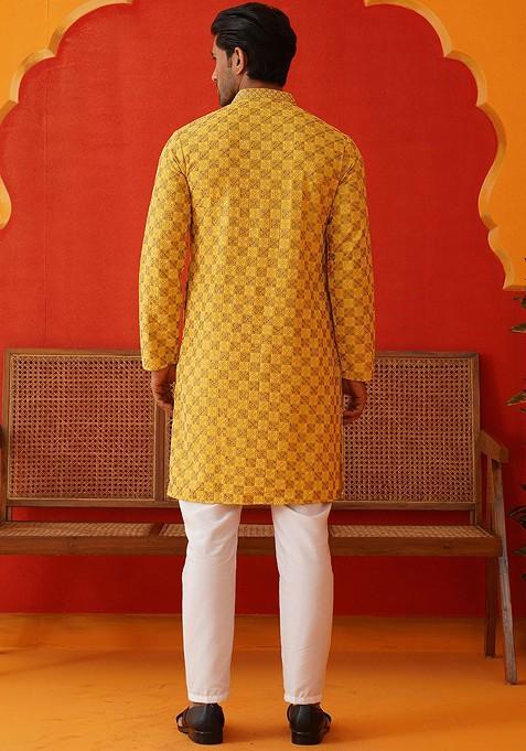 Mustard Yellow Embroidered Poly Blend Kurta Set For Men